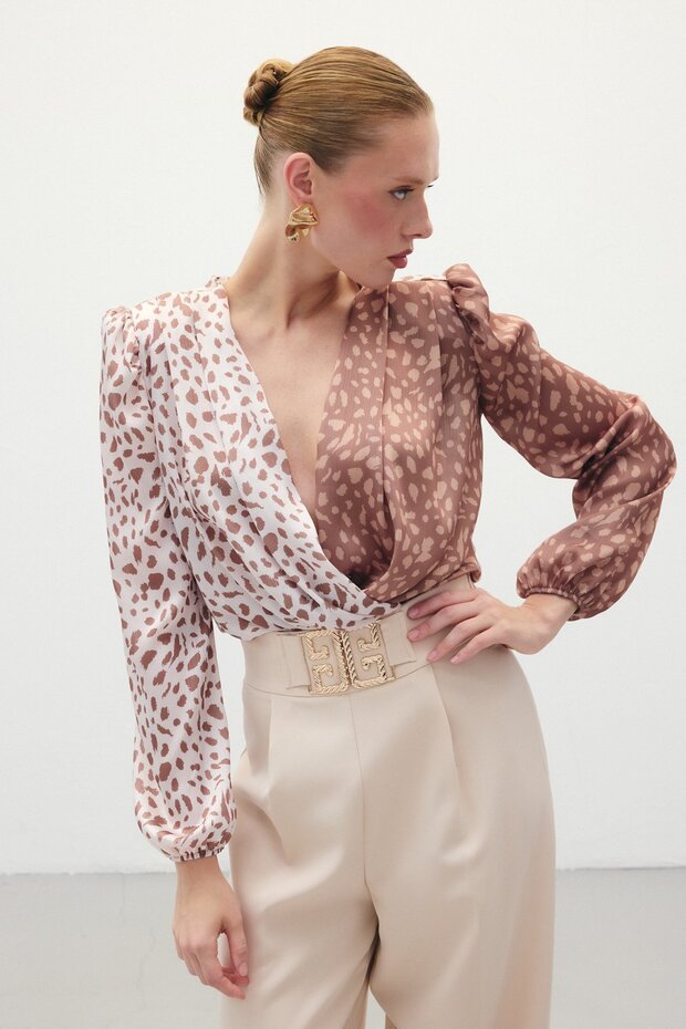 بدلة بودي سوت منقوشة بصف أزرار واحد - بني-بيج - 5