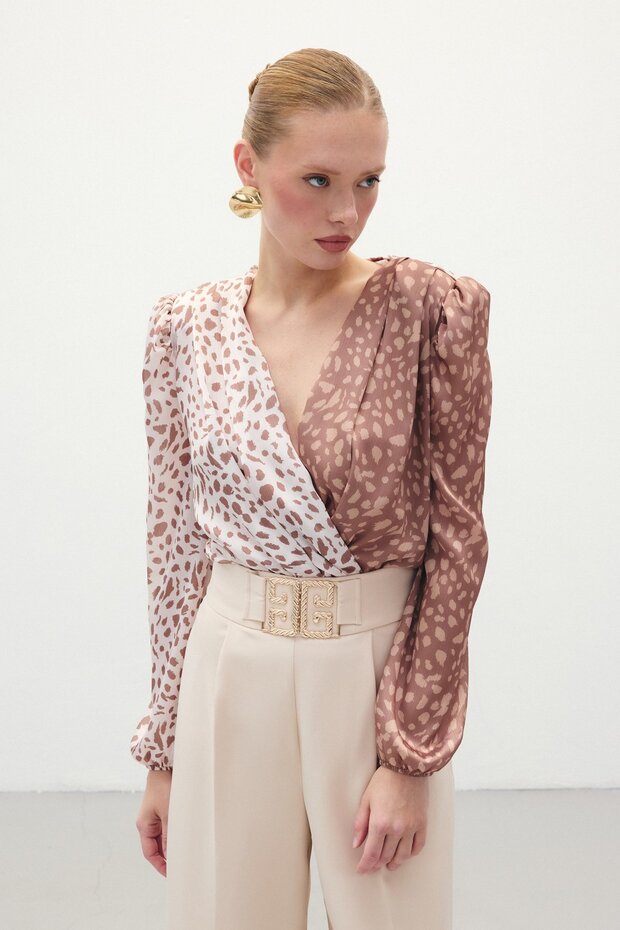 بدلة بودي سوت منقوشة بصف أزرار واحد - بني-بيج - 2