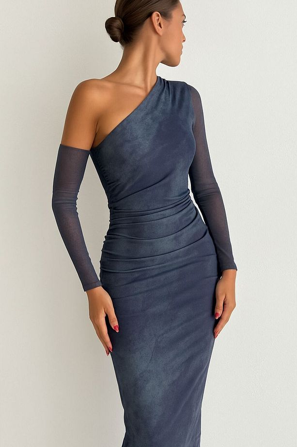 TEK OMUZ DRAPE TÜL ELBİSE - 1