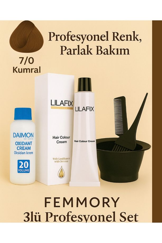 LIL’AFIX Profesyonel Saç Boya Seti 7/0 Kumral + %6 (20 Hacim) Oksidan Krem + Karıştırma Kabı & Fırça - 1
