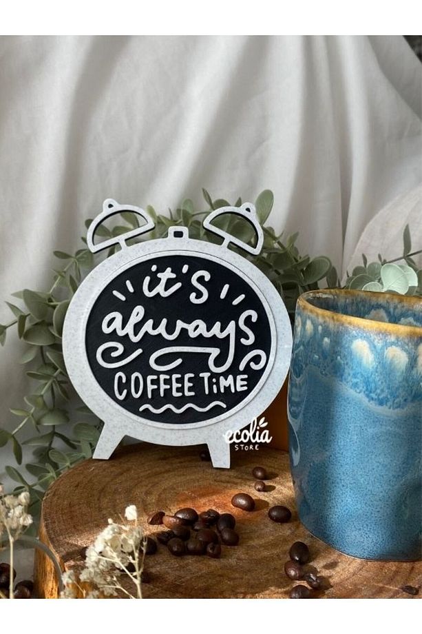 Retro Saat Şeklinde Kahve Köşesi Duvar Süsü - It's Always Coffee Time Yazılı Modern Ev Dekorasyonu - 1