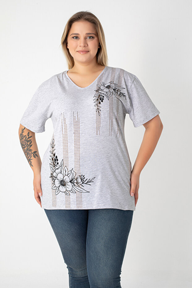 Printed Slit Cotton Women's V-Neck Plus Size T-Shirt