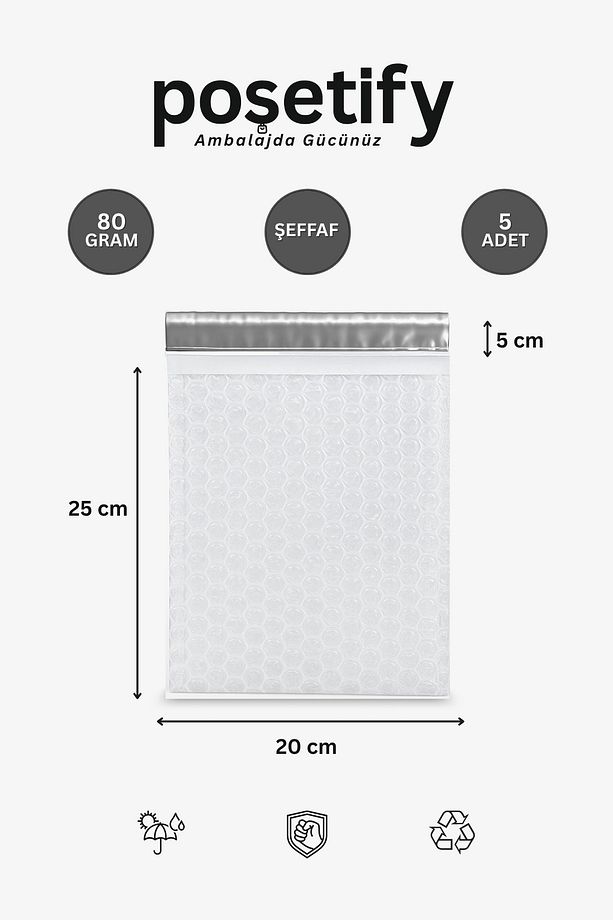 Balonlu Şeffaf Kargo Poşeti 15X20+5 cm | 80 gr Bantlı Patpatlı Kargo Poşeti | 5’li E-Ticaret Poşeti - 1