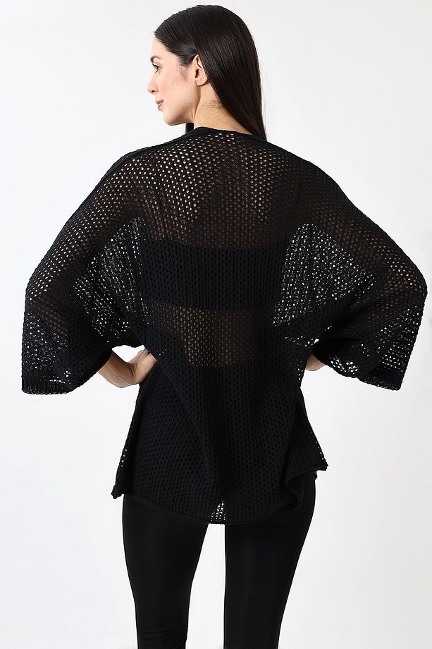 Kadın Siyah Oversize Baharlık Ajurlu Triko Hırka - 6