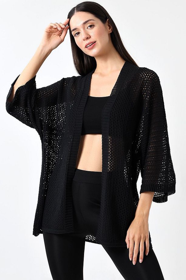 Kadın Siyah Oversize Baharlık Ajurlu Triko Hırka - 3