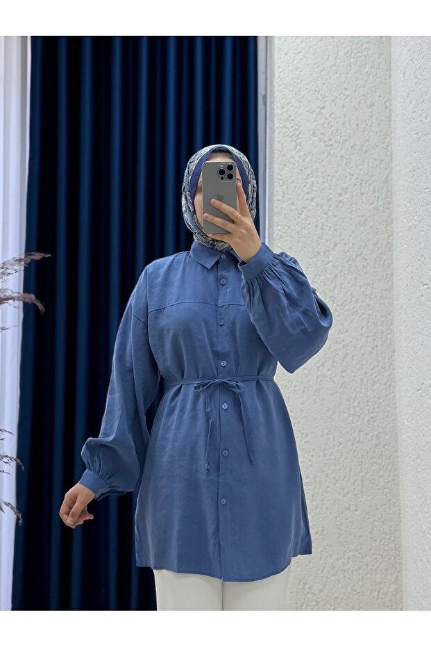 Yelilia Lace-Up Robe Modal Shirt-Pe223 Blue
