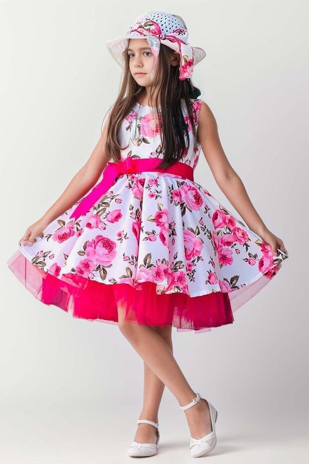 White Rose Printed Girl's Dress - Tulle Skirt and Bow Belt Hat