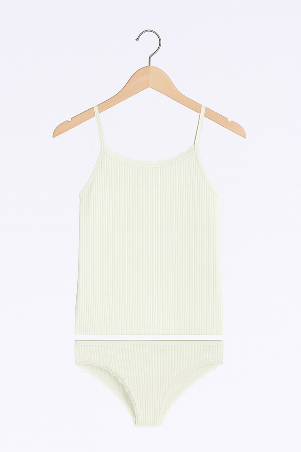 Women's Ecru Viscose Lycra Soft Fabric String Strap Tank Top & Slip Panties Set L3I5K3L4Ekk