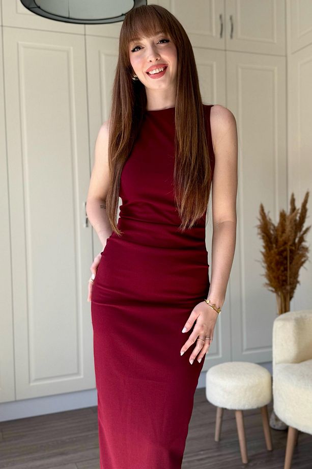 Drapeli Midi Bordo Elbise - 6