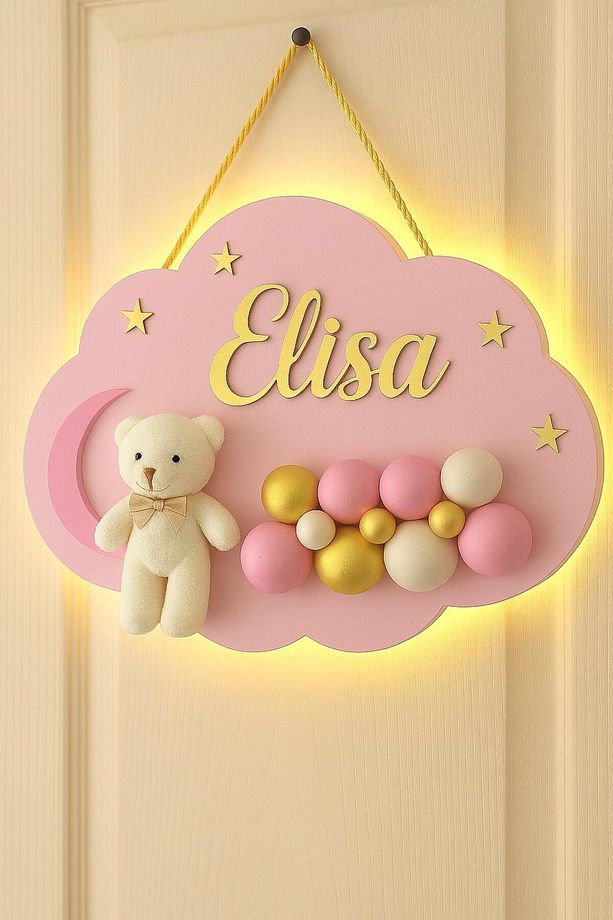 İstediğiniz Ismi Yazıyoruz - Bubble Ayıcıklı Ledli Bulut Bebek Kapı Süsü - 1