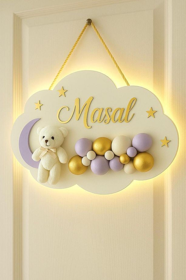 İstediğiniz Ismi Yazıyoruz - Bubble Ayıcıklı Ledli Bulut Bebek Kapı Süsü - 1