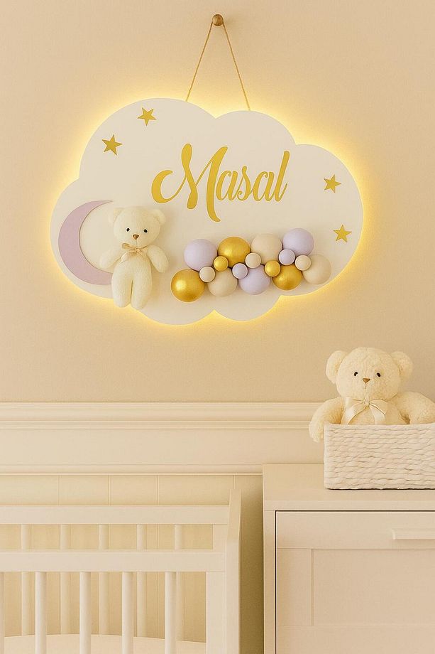 İstediğiniz Ismi Yazıyoruz - Bubble Ayıcıklı Ledli Bulut Bebek Kapı Süsü - 2