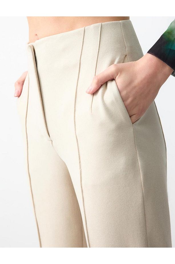 Vizon Yüksek Bel Normal Paça Düz Kesim Örme Kumaş Pantolon - 5