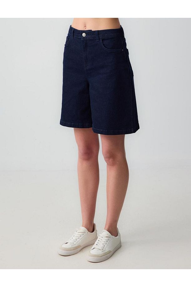 Koyu Mavi Yüksek Bel Bol Paça Denim Şort - 5