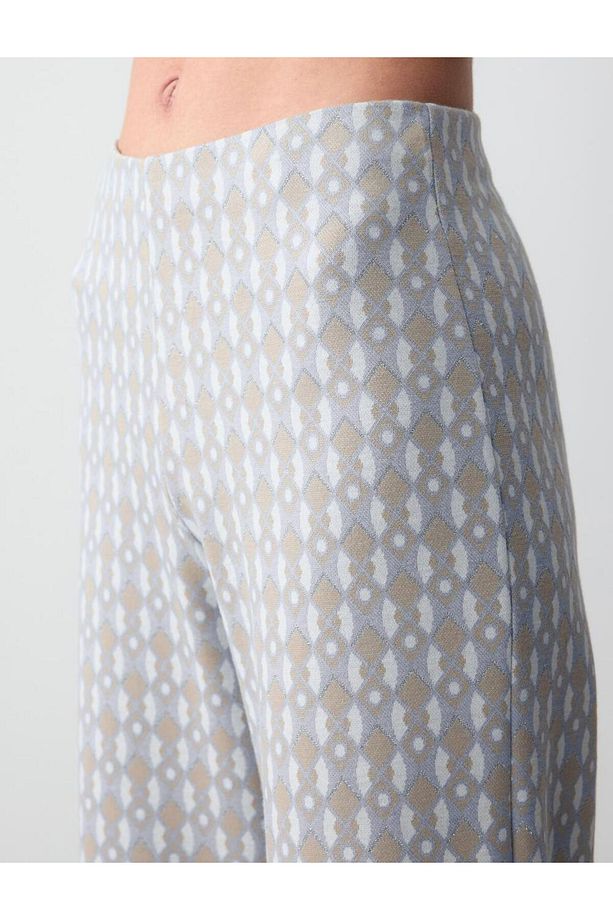 Bej Yüksek Bel Bol Paça Geometrik Desenli Örme Pantolon - 5
