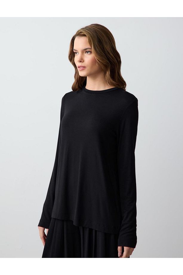 Siyah Bisiklet Yaka Uzun Kollu Modal Örme Sweatshirt - 3