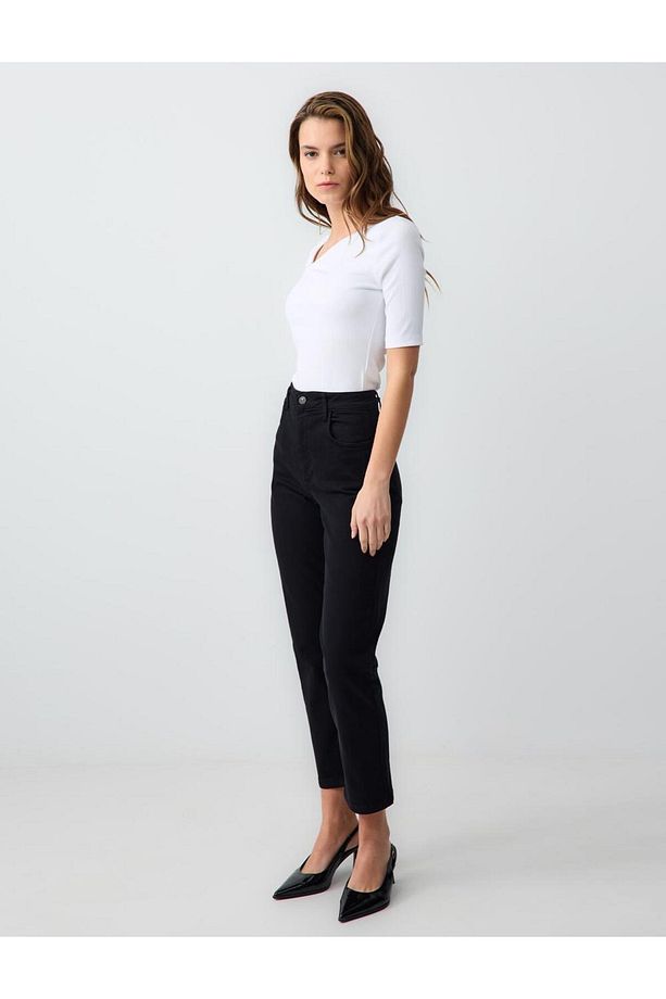 Siyah Yüksek Bel Normal Paça Denim Pantolon - 3