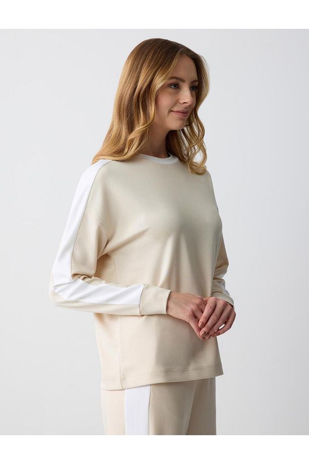 Açık Bej Bisiklet Yaka Uzun Kollu Örme Modal Sweatshirt - 3