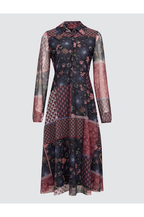 Bordo Desenli Gömlek Yaka Örme Mesh Midi Elbise - 6