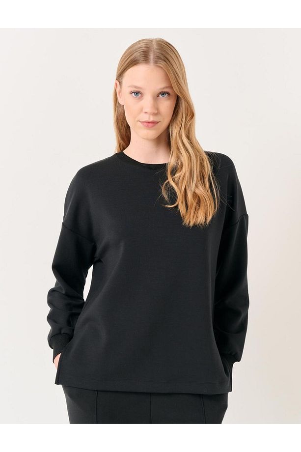 Siyah Uzun Kollu Oversize Bisiklet Yaka Sweatshirt - 1