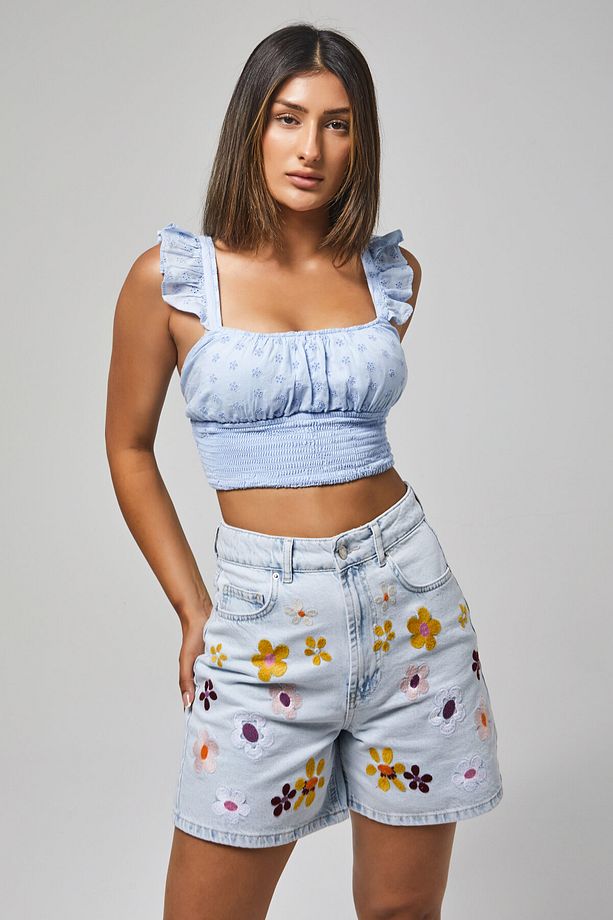Kadın Ice Kot Rengi 3s5-3 Renkli Çiçek Nakışlı Midi Boy Rahat Kesim %100 Koton Tasarım Denim Şort - 3