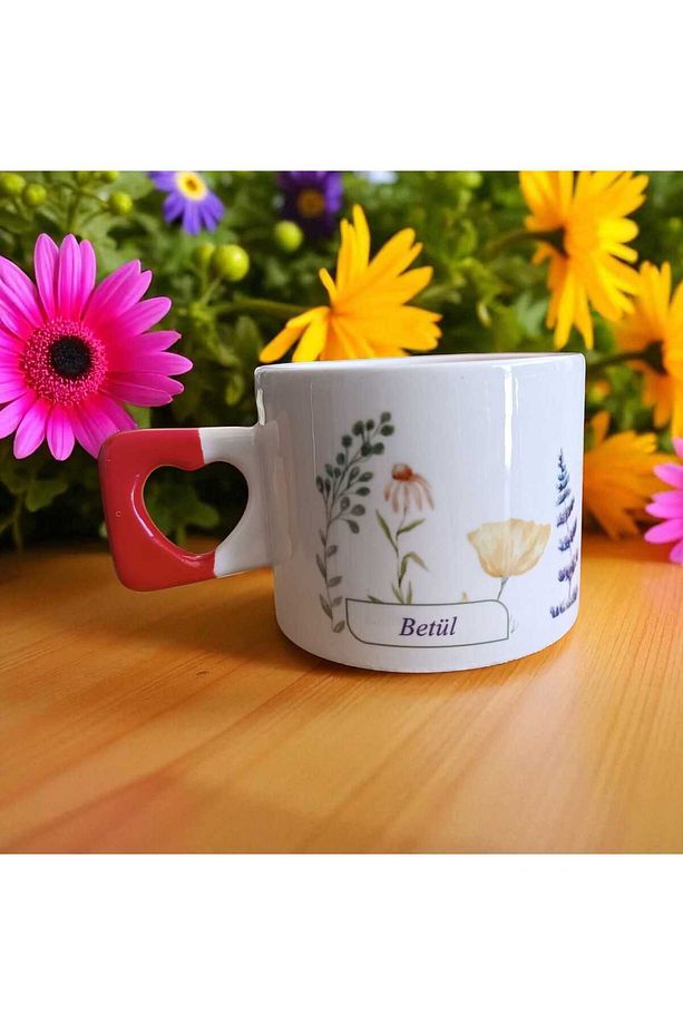 Zarif Çiçekler Baskılı El Yapımı Doğal Seramik Kırmızı Kalp Kupa Bardak / Mug - Çay & Kahve Fincanı - 3
