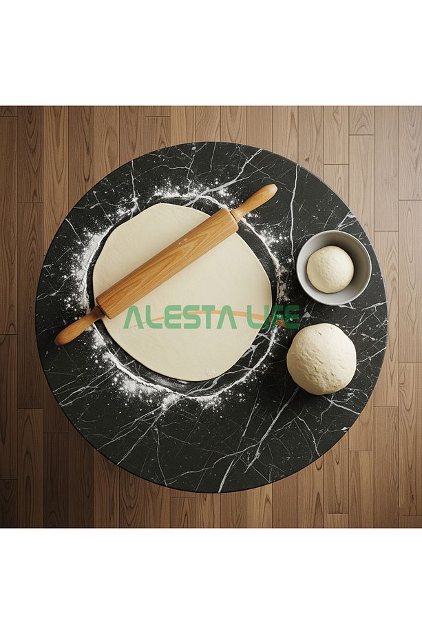 80 Cm Çap - Siyah Desenli Katlanabilir Yer Sofrası Hamur Açma Tahtası Oyun Masası - 21 Cm Yükseklik - 3