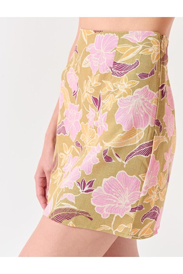 Lniana spódnica mini w kolorze khaki w kwiatowy wzór - 4