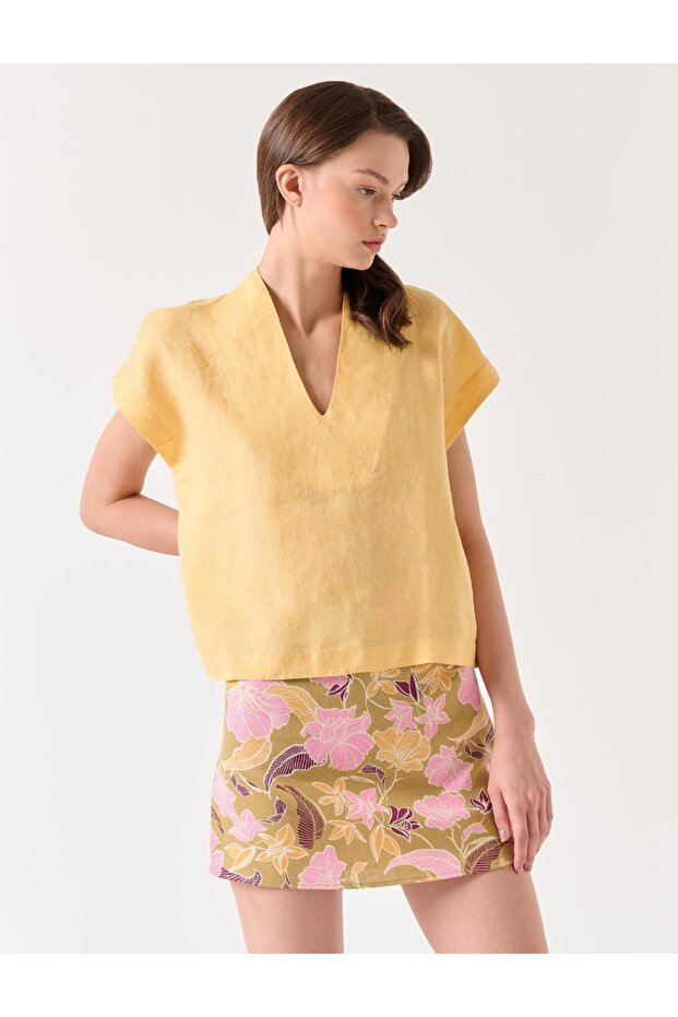 Lniana spódnica mini w kolorze khaki w kwiatowy wzór - 2