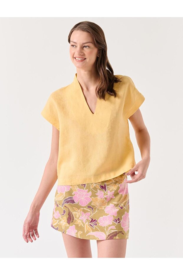 Lniana spódnica mini w kolorze khaki w kwiatowy wzór - 3