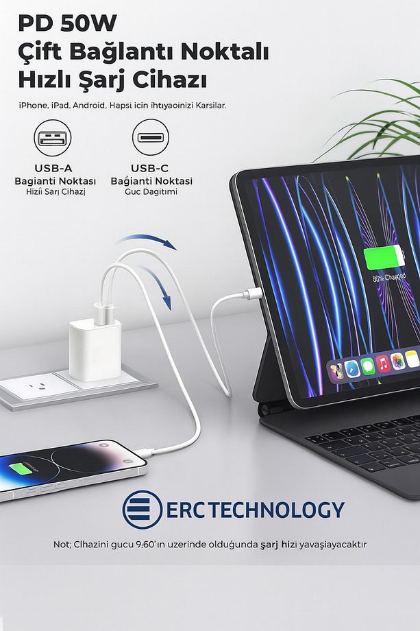 50W 3.0A QUİCK ŞARJ ADAPTÖRÜ HIZLI ŞARJ DESTEKLİ ÇİFT ÇIKIŞ USB TYPCE - 6