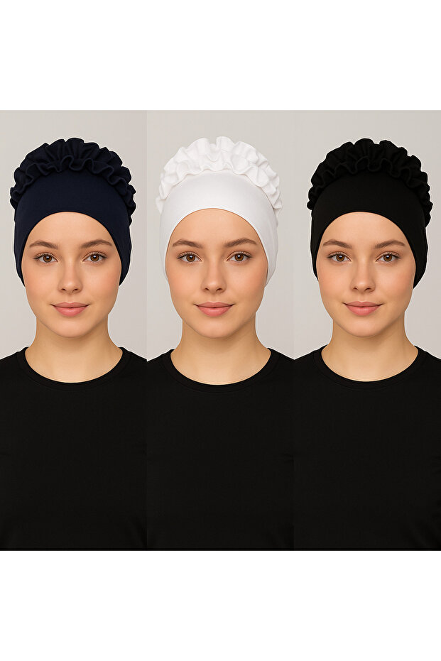 3 Pieces Frilly Hijab Bonnet Black White Navy Blue