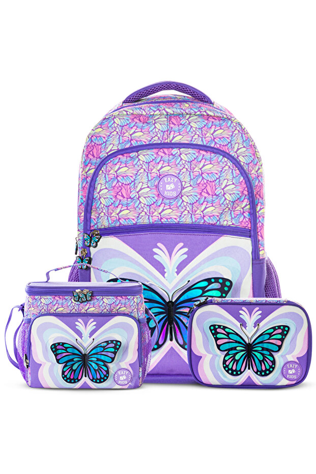 18" Set of 3 Backpack w/ Lunch Bag and Pencil Case - 3D Butterfly Purple