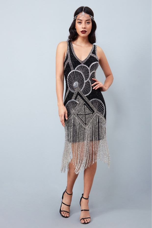 Jade Fringe Dress in Black Silver