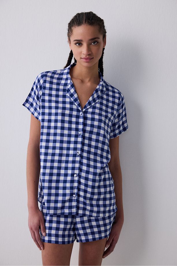 Blue Gignham Gömlek Şort Lacivert Pijama Takımı - 1
