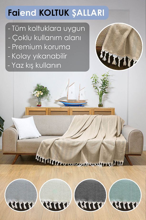 Koltuk Örtüsü 180 X 200 Cm Kanepe Çekyat Divan Berjer Örtüsü Pamuklu Yıkanabilir Sade Şal - 1