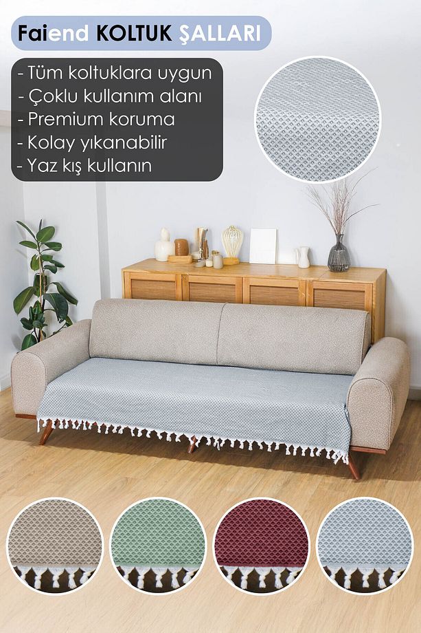 Koltuk Örtüsü 115x210 Cm Kanepe Çekyat Divan Berjer Örtüsü Pamuklu Yıkanabilir Sade Şal - 3