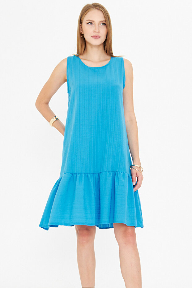 Women's Blue Sleeveless Skirt Ruffled DRESS ARM-18Y001156