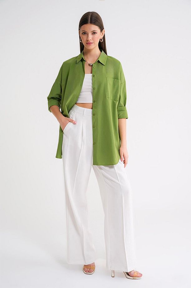 4053 Kadın Tek Cepli Oversize Basic Gömlek Fıstık Yeşili - 1