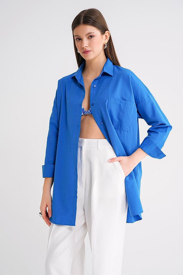 4053 Kadın Tek Cepli Oversize Basic Gömlek Mavi - 7