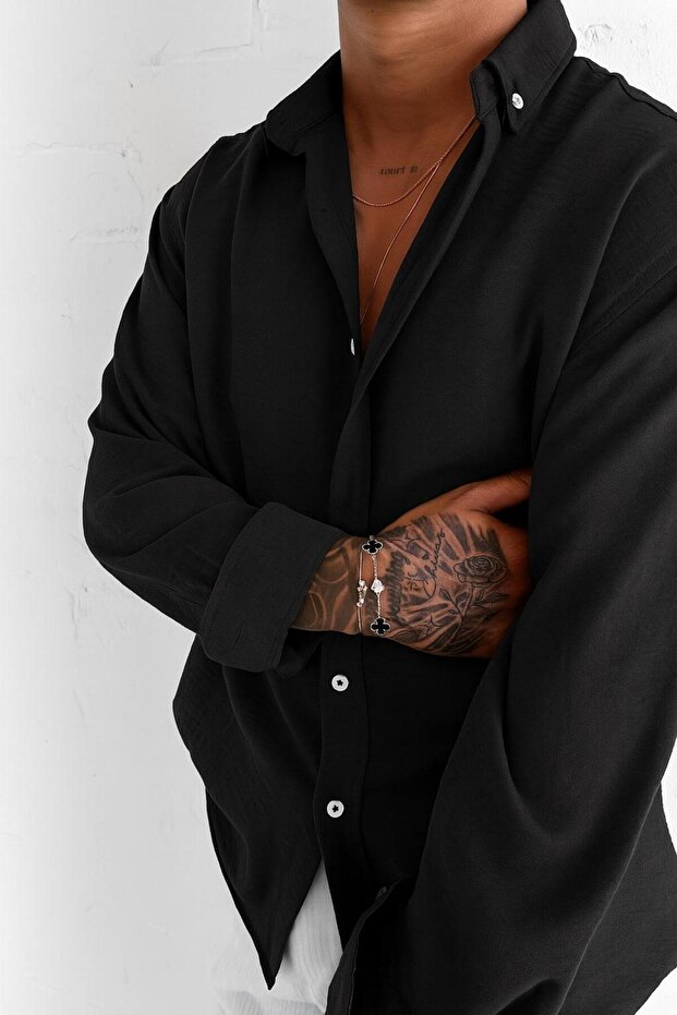 Erkek Oversize Basic Rahat Gömlek Siyah - 4