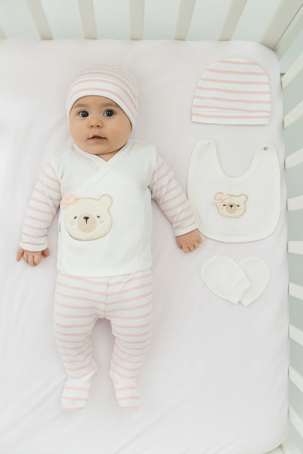 Süzene Teddy Bear Embroidered Striped Newborn Boxed 5 Piece Hospital Discharge Bodysuit Set Baby Gift