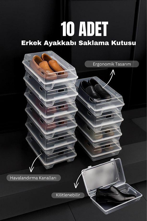 10’lu Şeffaf Erkek Ayakkabı Saklama Kutusu - Hava Delikli, Istiflenebilir Organizer - 1