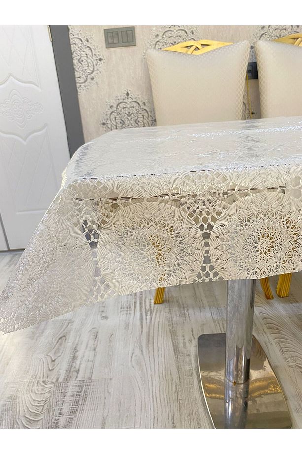 Hasır Kolay Temizlenir Pvc Şeffaf Kaplamalı Lüks Muşamba Masa Örtüsü Krem - 3