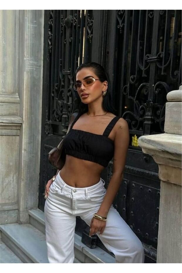 Strappy Gathered Black Crop Wft8036