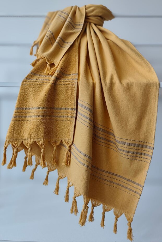 Striped Towel Peshtemal 90X170Cm - Soft and Highly Water Absorbent - 100% Cotton-Mustard