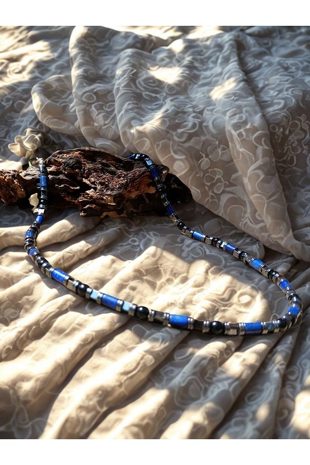 Lapis Lazuli Doğal Taşı Erkek Uzun Kolye (51 CM) -Lapis Lazuli Hematit Güç Ve Denge Kolyesi - 1