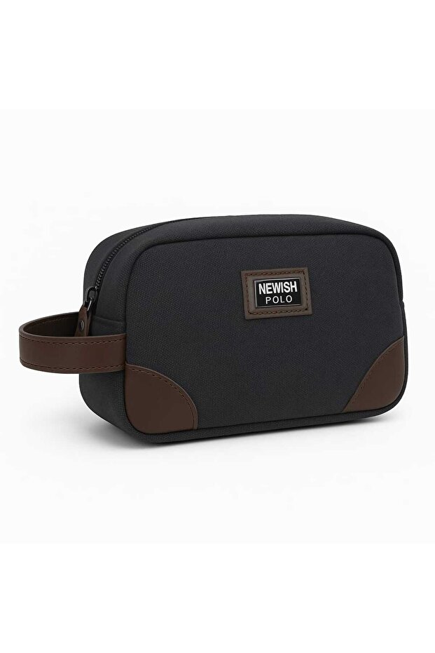 Men's Black Canvas Fabric Single Compartment Leather Detailed Zippered Portfolio Handbag