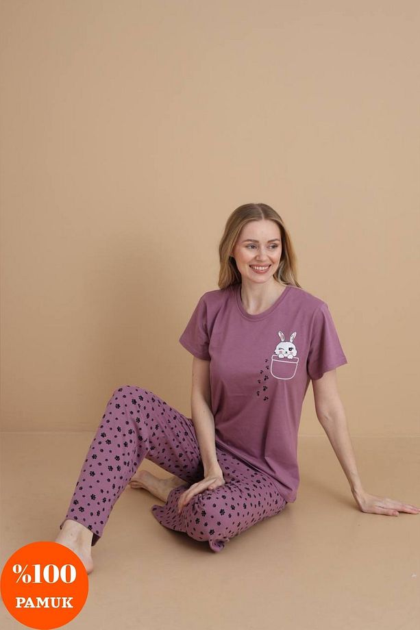 Kadın Pembe Kalpli Baskılı %100 Pamuk Kısa Kol Cepli Yazlık Pijama Takımı - 1