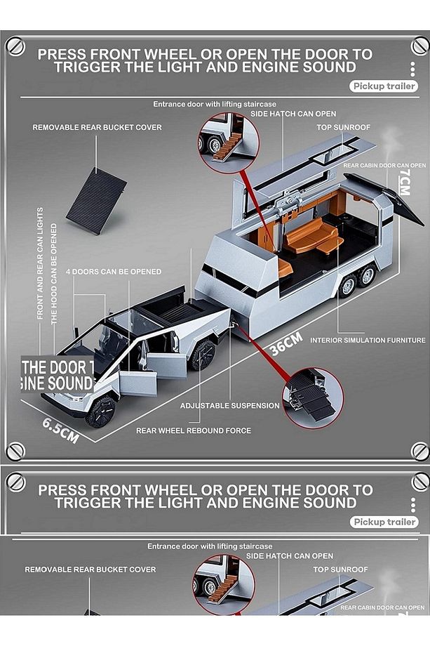Diecast Metal Tesla Cybertruck Pickup ve Karavan 1:32 Kamyonet Jip Demir Araba Kapı Bagaj Açılır - 7